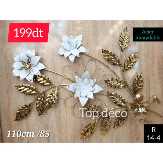 Décoration murale florale dorée et blanche en acier inoxydable – 110×85 cm - 14-4