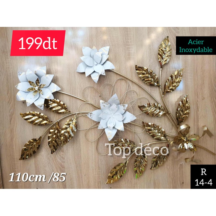 Décoration murale florale dorée et blanche en acier inoxydable – 110×85 cm - 14-4