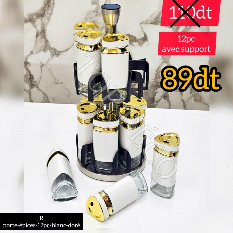 Porte-épices-12pc blanc-doré – blanc marbré et doré