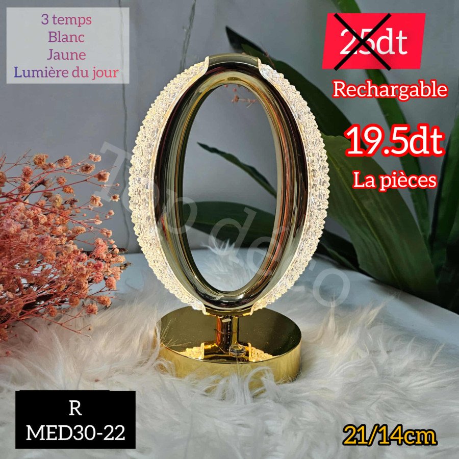 Veilleuse LED rechargeable en cristal doré – 3 modes d’éclairage