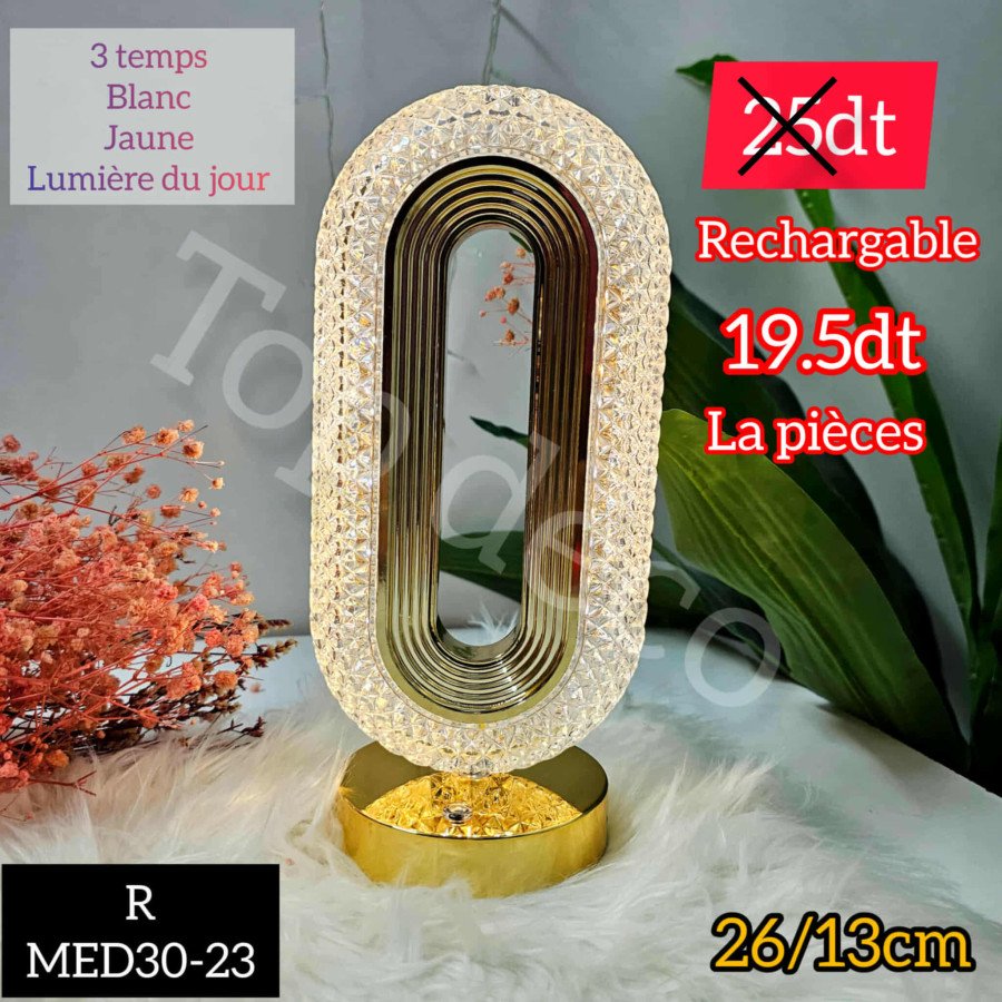 Veilleuse LED rechargeable en cristal doré – 3 modes d’éclairage