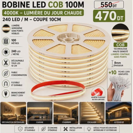 Bobine LED COB 100m sans points 4000K lumière du jour – 220V