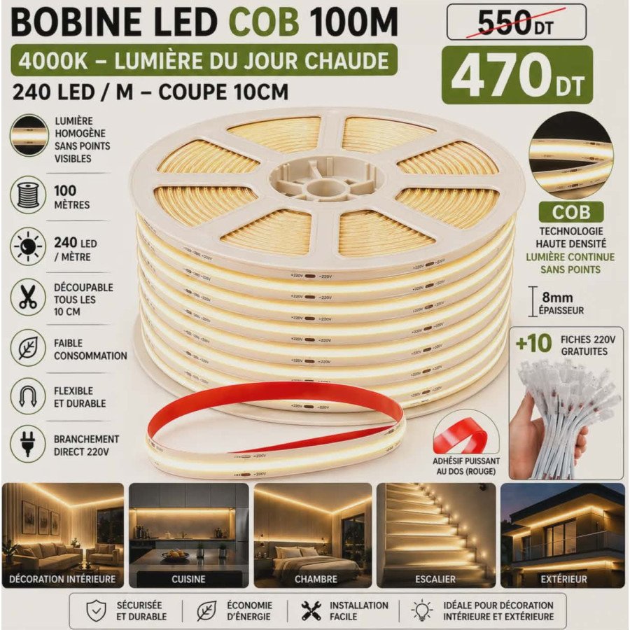 Bobine LED COB 100m sans points 4000K lumière du jour – 220V