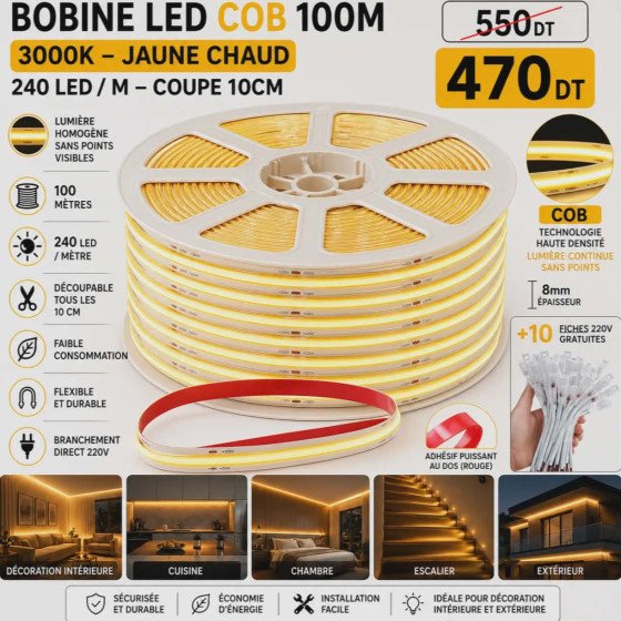 Bobine LED COB 100m lumière continue 3000K jaune – 220V adhésif