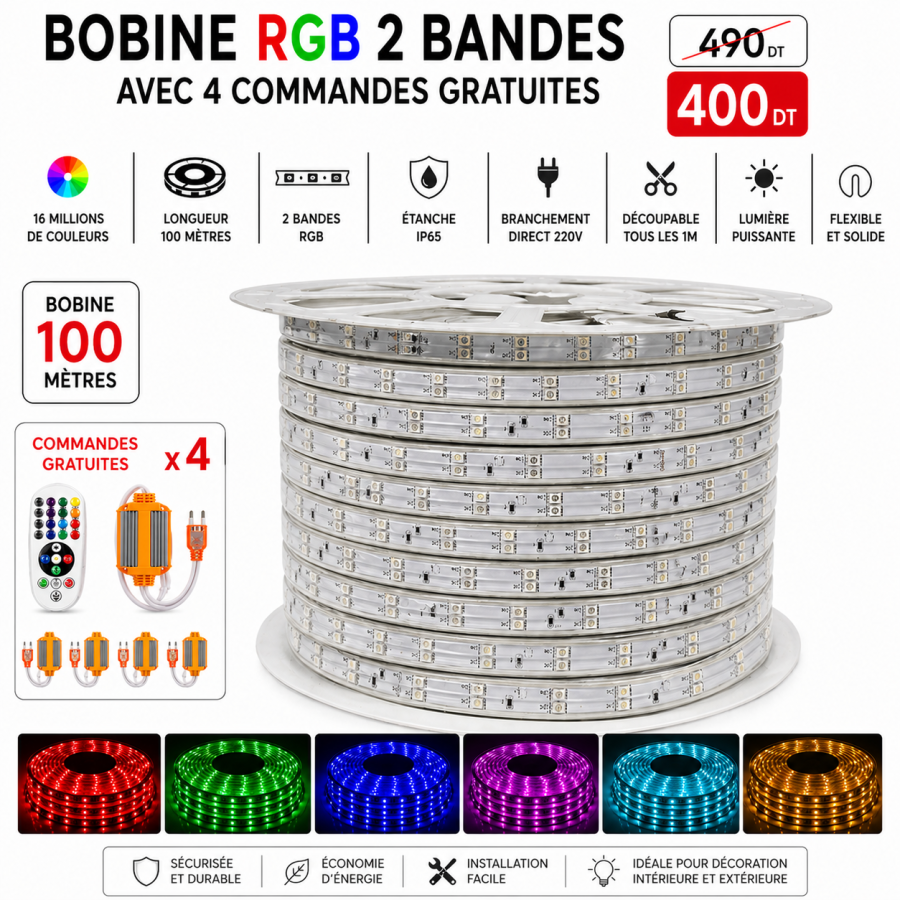 Bobine LED RGB 100m – 2 bandes + 4 fiches & commandes gratuites