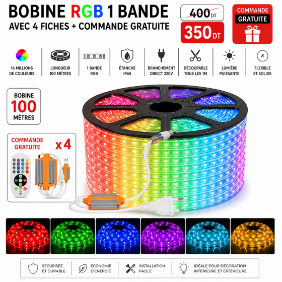 Bobine LED RGB 100m – 1 bande + 4 fiches & commandes gratuites