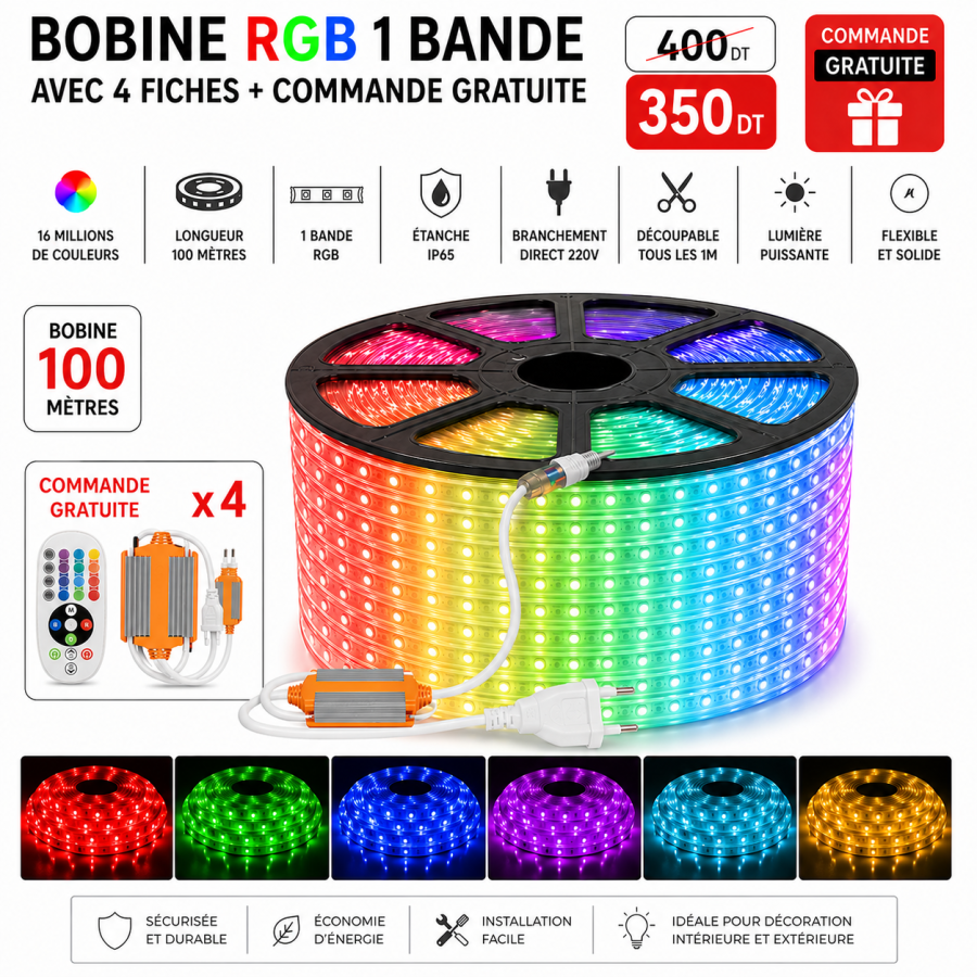 Bobine LED RGB 100m – 1 bande + 4 fiches & commandes gratuites