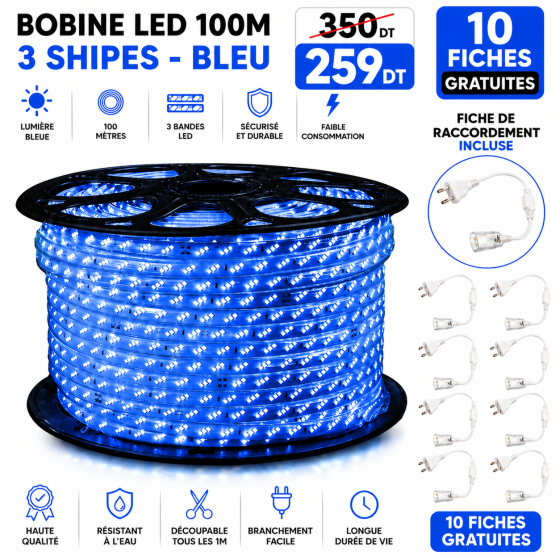 Bobine LED 100 mètres – 3 ships - Bleu