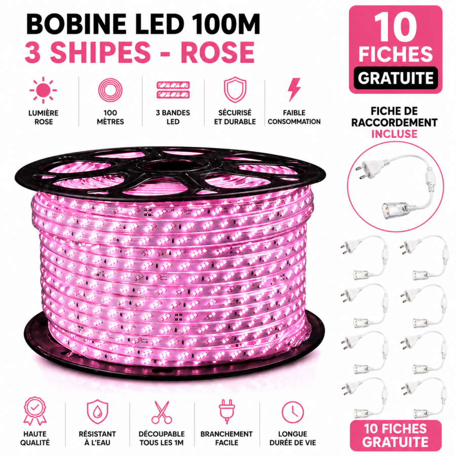 Bobine LED 100 mètres – 3 ships - Rose