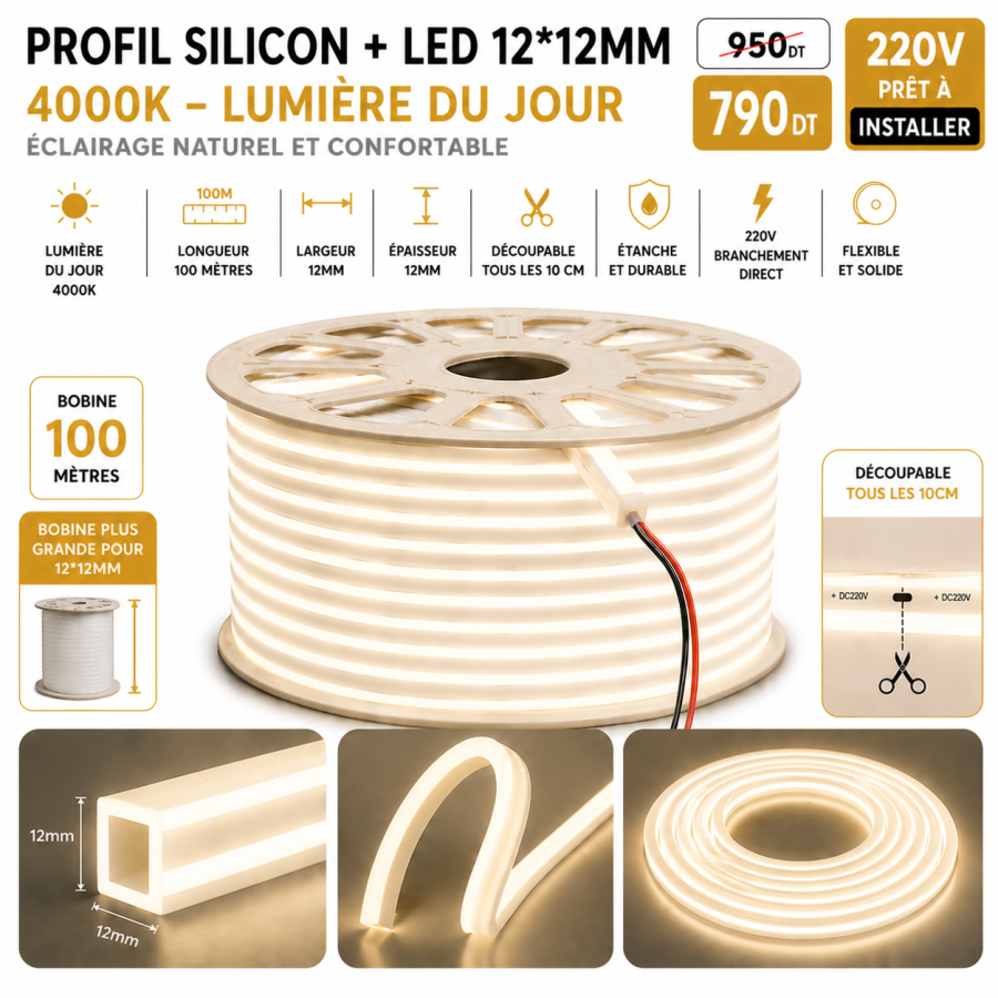 Néon Flex LED 12×12mm – 100 mètres – 4000K