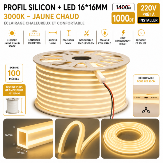 Néon Flex LED 16×16mm – 100 mètres – 3000K