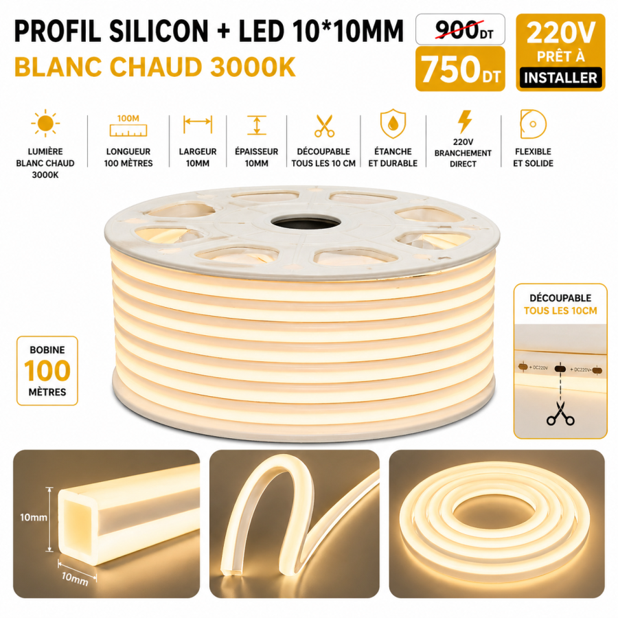 Néon Flex LED 10×10mm – 100 mètres – 3000K (Jaune chaud)