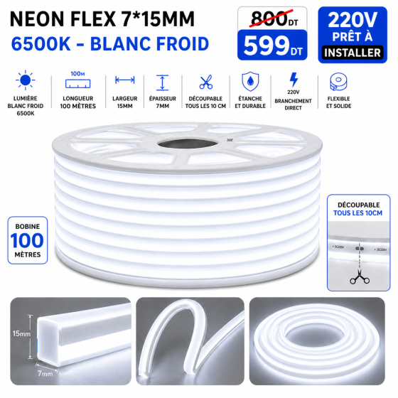 Néon Flex LED 7×15mm – 100 mètres – 6500K (Blanc froid)