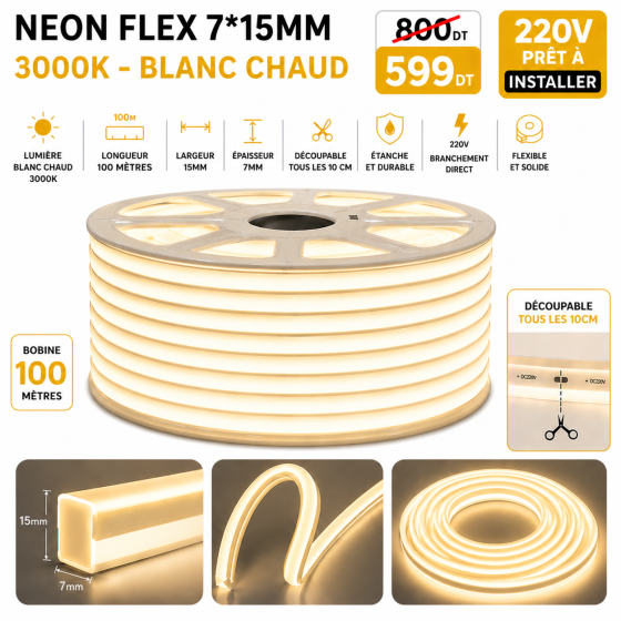 Néon Flex LED 7×15mm – 100 mètres – 3000K (Jaune chaud)