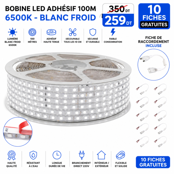 Bobine LED adhésif 100 mètres – 6500K (Blanc froid)