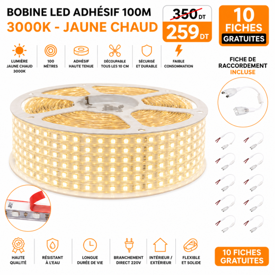 Bobine LED adhésif 100 mètres – 3000K (Jaune chaud)