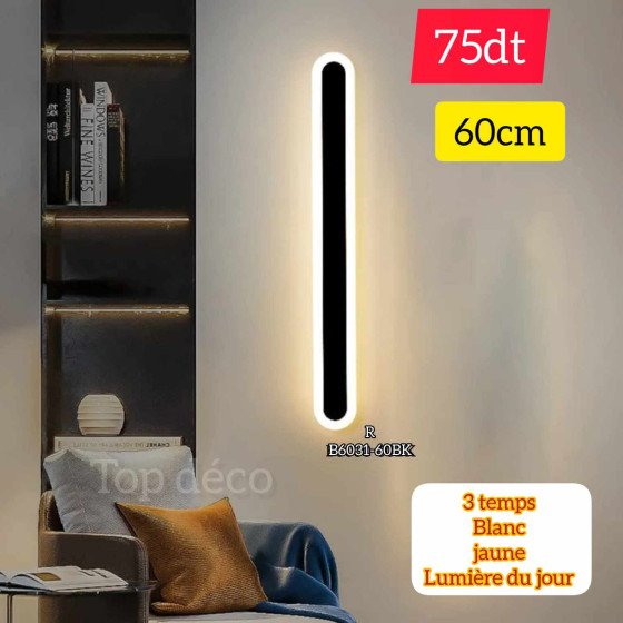 Applique Murale LED 60 cm – Métal & Acrylique | Éclairage Moderne 3 Temps – Étanche