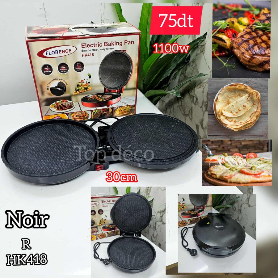 Poêle Électrique Double Face Florence Noir HK418 – 30 cm / 1100W Poêle Électrique Double Face Florence Noir HK418 – 30 cm / 1100W