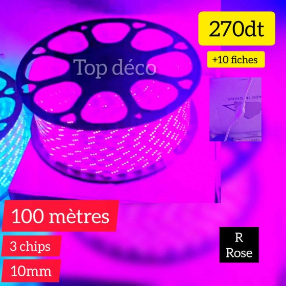 Bobine LED 100 mètres – 3 Chips – Rose + 10 fiches