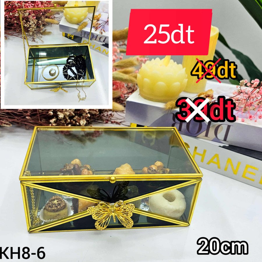 Boîte en Verre Fumé Noir & Doré – KH8-6 – 20 cm